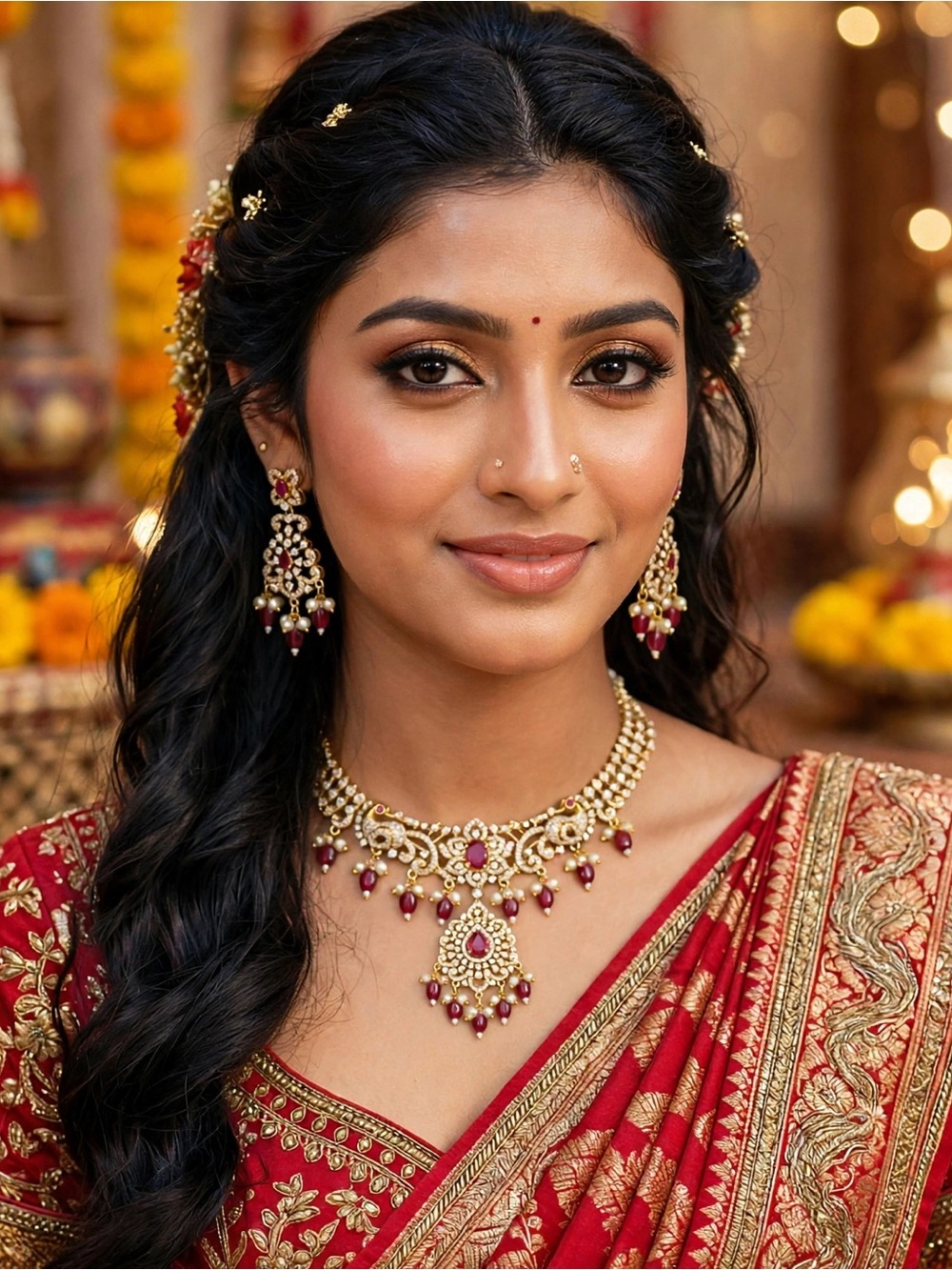 Gold and Red Kundan Necklace Set with Earrings - Women Jewelry